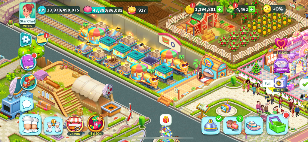 Gameplay view of Star Chef 2 showing a delivery train beside a farm with pineapples and strawberries.