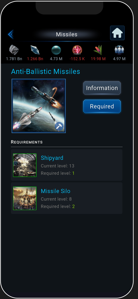 OGame - Schermata dell'app mobile per OGame che mostra i requisiti e i livelli per i missili antibalistici, inclusi Cantiere Navale e Silo Missilistico.