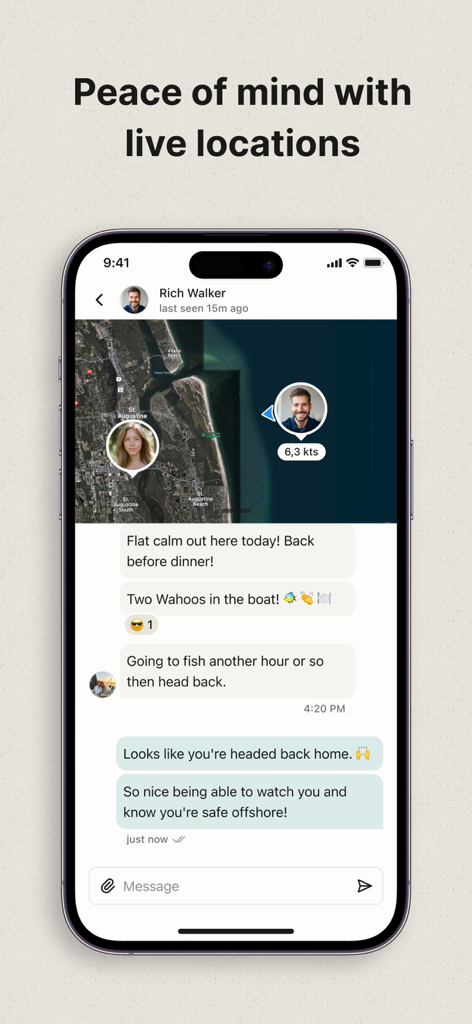 SeaPeople: Boat Travel Map - SeaPeople app screenshot showing live boat location tracking on a map with messaging for safety