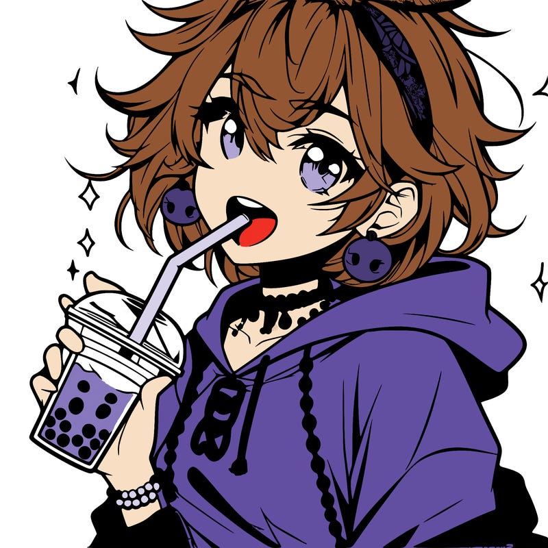hot baddie anime girl drinking boba and biting the straw