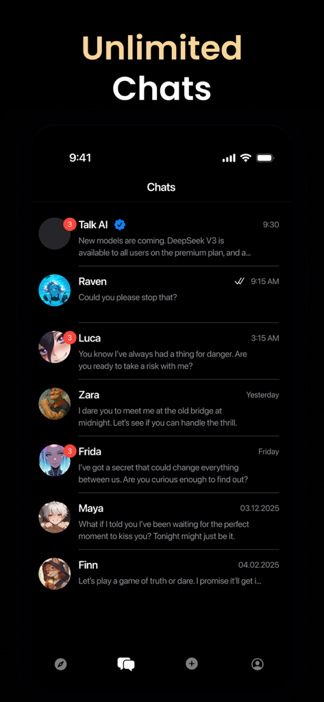 TalkZ: AI Chat with Character - Interface of TalkZ app showing a list of active conversations with various AI characters