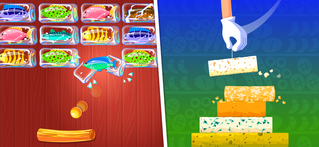 Fish brick breaker and cheese tower stacking mini games in Supermarket Game 2
