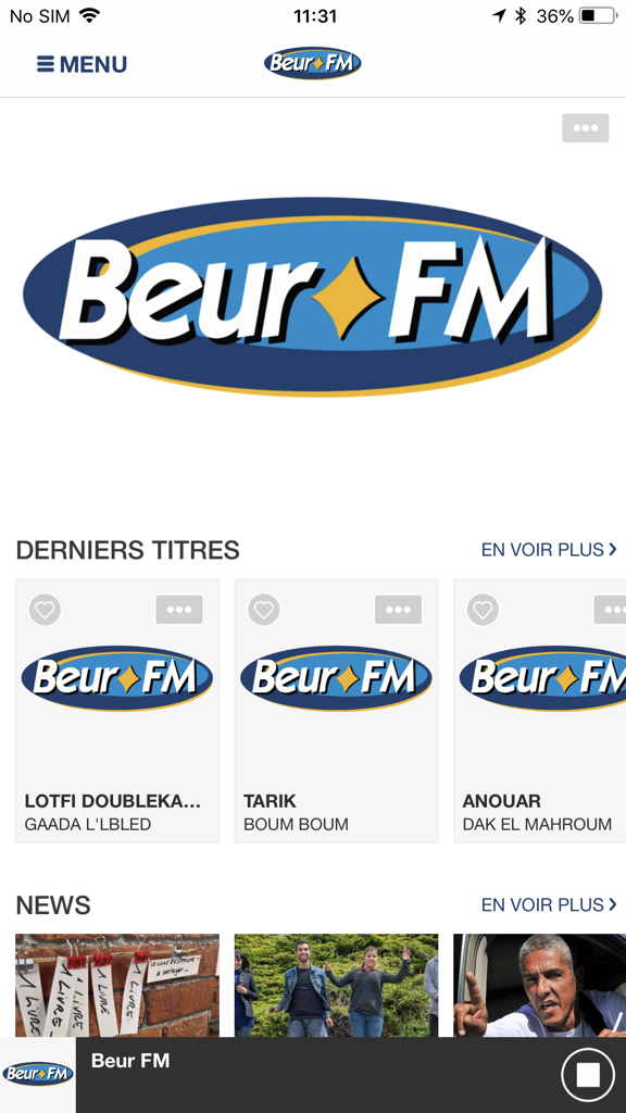 Beur FM - Écran d'accueil de l'application radio Beur FM affichant les derniers titres et sections d'actualités