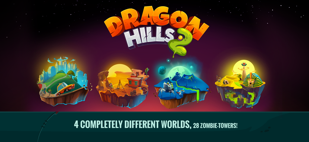 Dragon Hills 2 - Capture d'écran de Dragon Hills 2 présentant quatre mondes de jeu thématiques différents, y compris urbain, désertique, science-fiction et Égypte ancienne