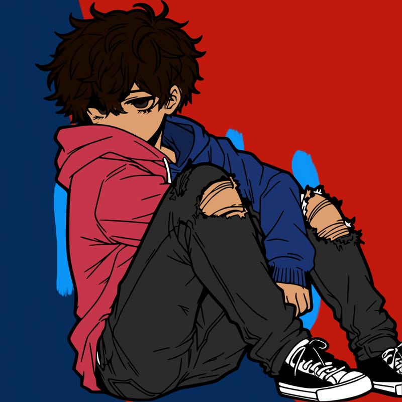 a male hoddie ripped jeans messy hair anime