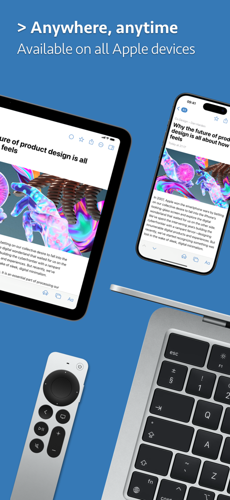 News Explorer app interface displayed on an iPhone, iPad, MacBook and Apple TV remote