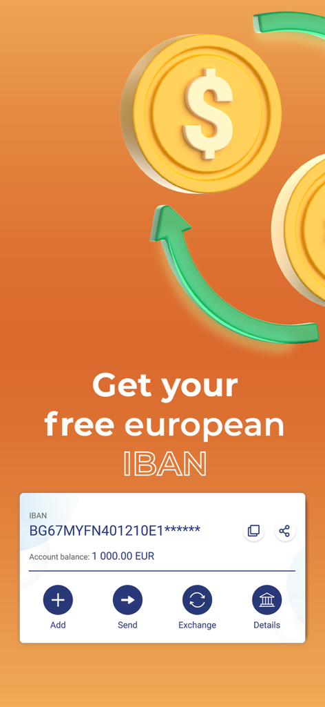 Interfaz de la billetera digital MyFin que muestra una cuenta IBAN europea gratuita y funciones de cambio de divisa