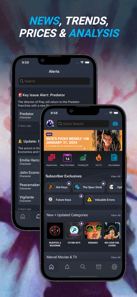 Interfaz de la aplicación Key Collector Comics que muestra tendencias de noticias de cómics y análisis de precios en dos teléfonos inteligentes