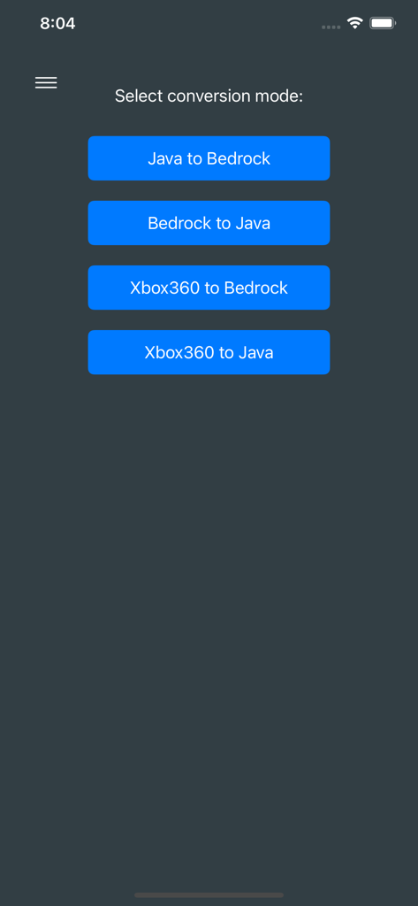 Menu of je2be app displaying different Minecraft map conversion modes including Java to Bedrock and Xbox 360 options