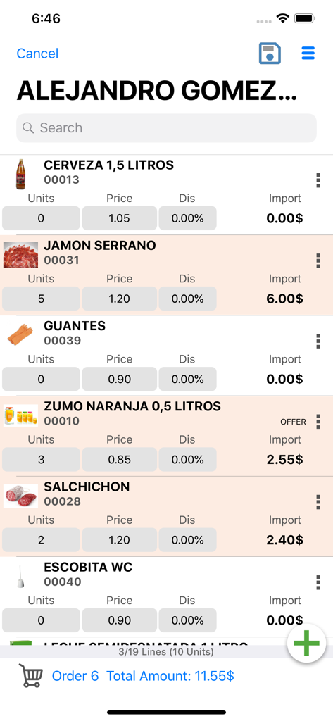 iGes - Sales management - Sales order interface in the iGes app showing a product list with quantities and prices.
