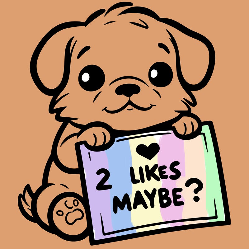 a puppy holding a sign that says 2 likes maybe?