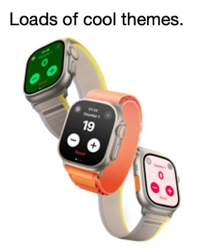 Tally Watch: Simple Tally - Three Apple Watches showcasing different colorful themes for the Tally Watch app