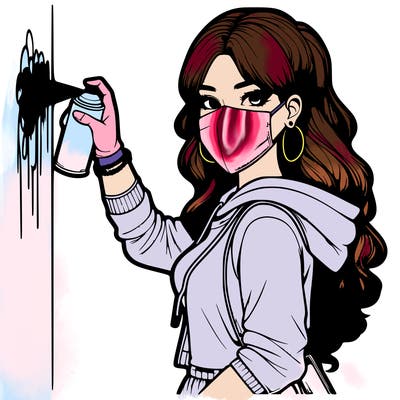realistic girl with mask spray painting a wall