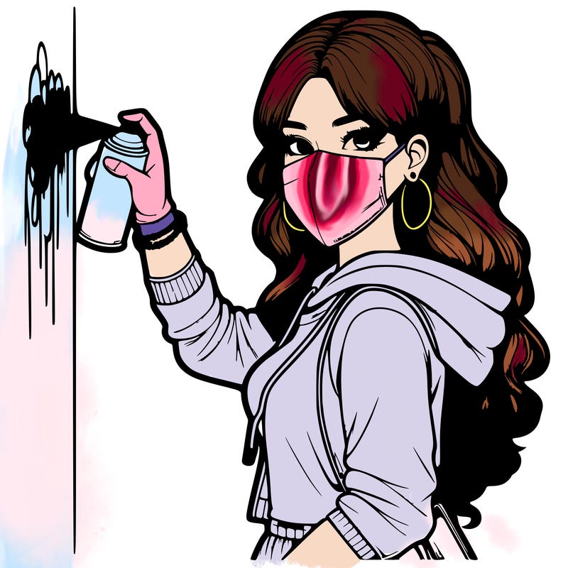 realistic girl with mask spray painting a wall