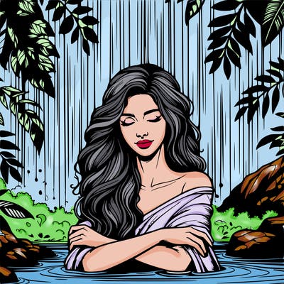 realistic female model under waterfall