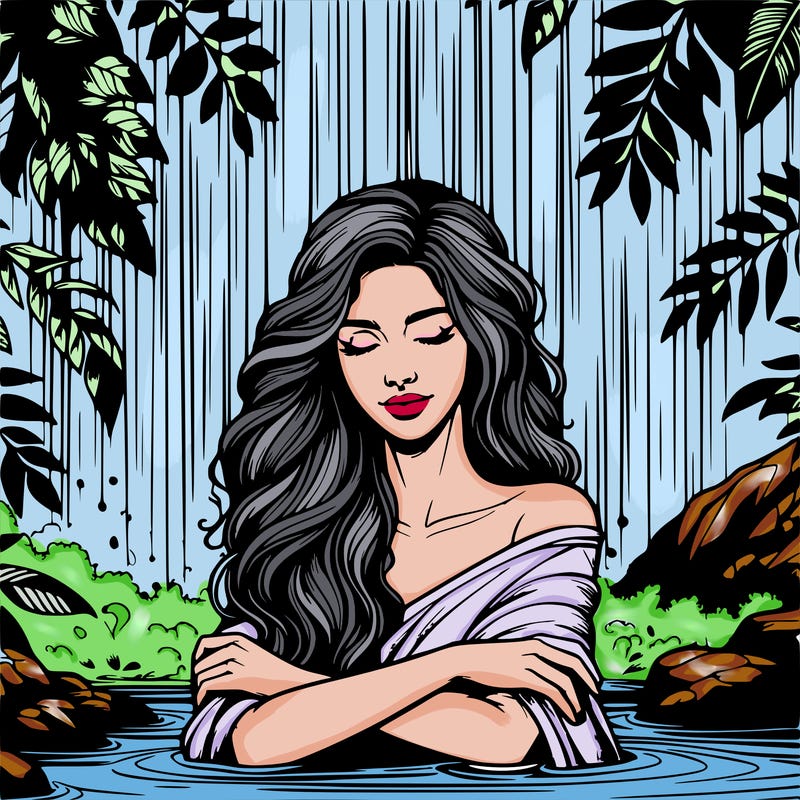 realistic female model under waterfall