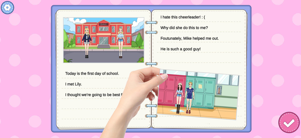 A hand placing a school-themed photo into a digital diary in the Magic Paper Doll DIY game