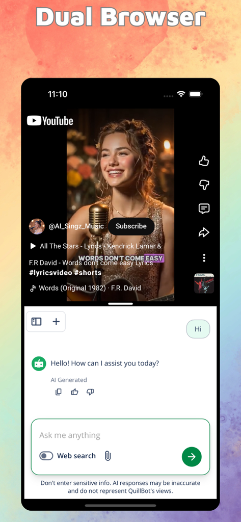 Split Screen & Dual Browser - iPhone screen using split screen mode to display a YouTube video and an AI chat interface simultaneously