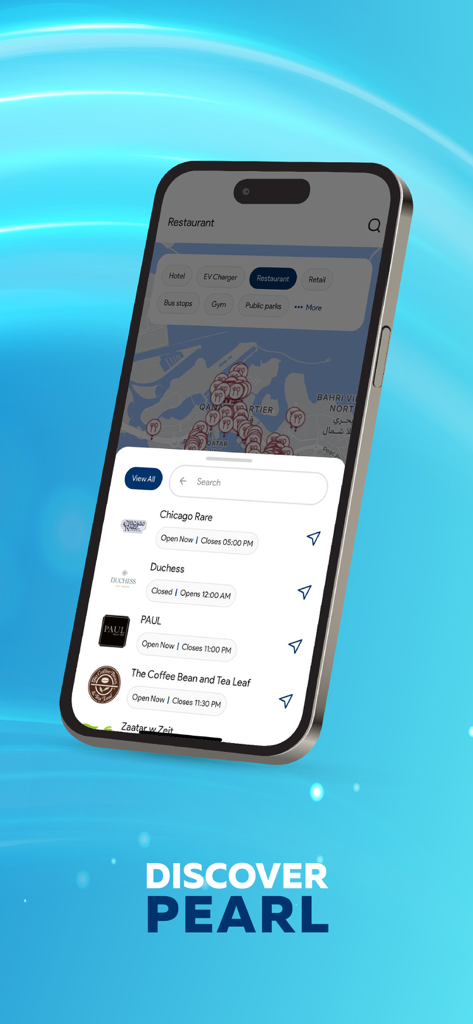 The Pearl Island - Mobile app interface showing a map of The Pearl Island with a searchable list of luxury restaurants and cafes.