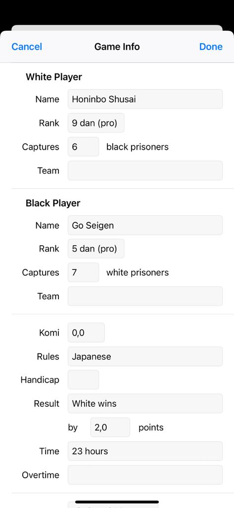 Baduk Cap - Game information screen in Baduk Cap displaying player details and match results