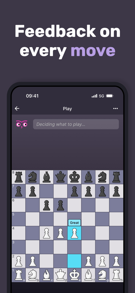 Noctie Chess Trainer - Écran de l'application Noctie Chess Trainer montrant un échiquier avec un coup mis en évidence comme Excellent.
