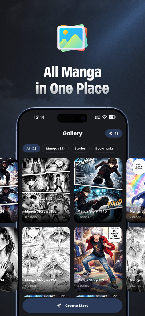 Mangii: AI Manga & Anime Art - A mobile app interface showing a gallery of AI-generated manga stories in various styles like shonen and shojo.