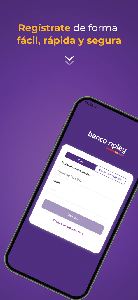 Banco Ripley Perú - Écran de connexion de l'application Banco Ripley Peru sur smartphone, avec des champs pour le numéro de document et le mot de passe