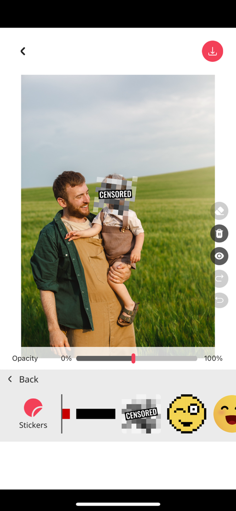 Blur photo effect editor app - Mobile app interface showing a child face censored with a pixelated sticker in a family photo