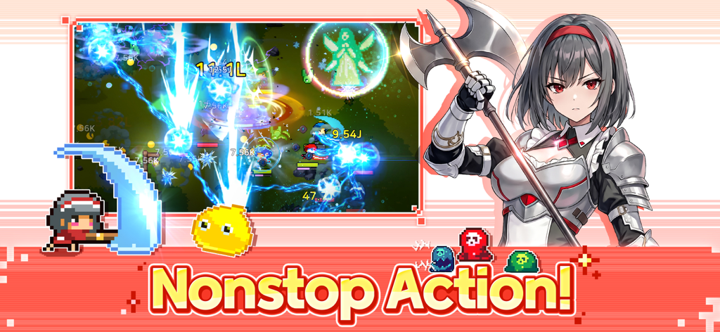 Nonstop action gameplay in Pixel Guardians Idle RPG featuring an anime knight and pixel art battles