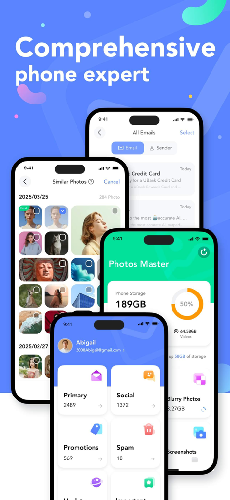 Interface de l'application Pure Master PhoneExpert pour le stockage des photos et l'organisation des e-mails