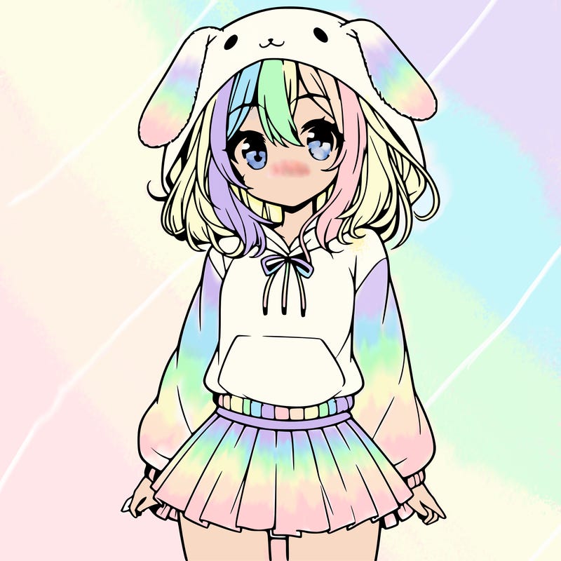 pretty anime girl wearing a fluffy hoodie with bunny ears on the hood and a skirt
