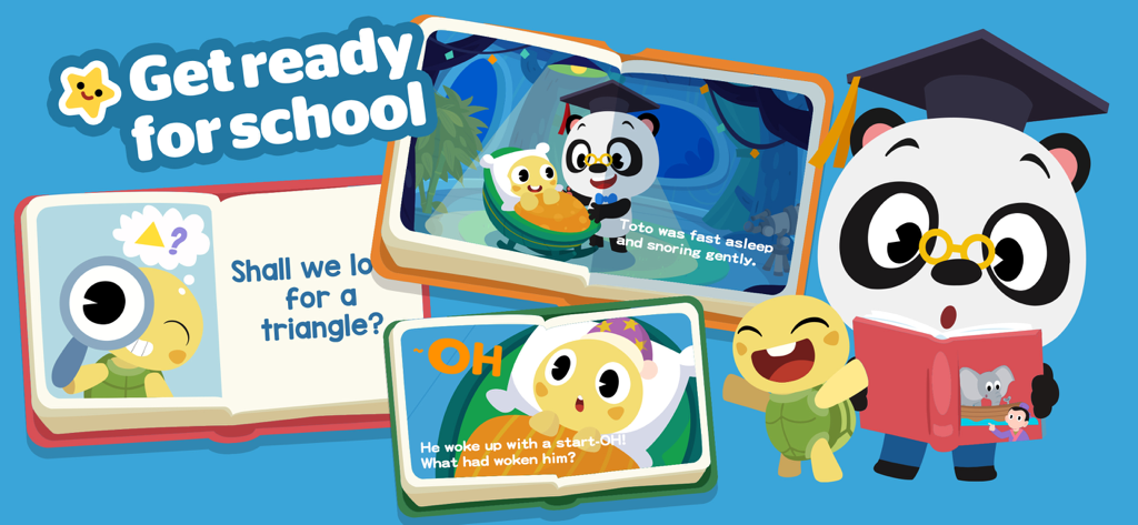 Dr. Panda - Learn & Play - Dr. Panda wearing a graduation cap and reading a book alongside interactive storybook pages featuring Toto the turtle.