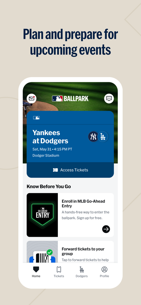 MLB Ballpark app interface displaying upcoming Yankees vs Dodgers game details and digital ticket management options