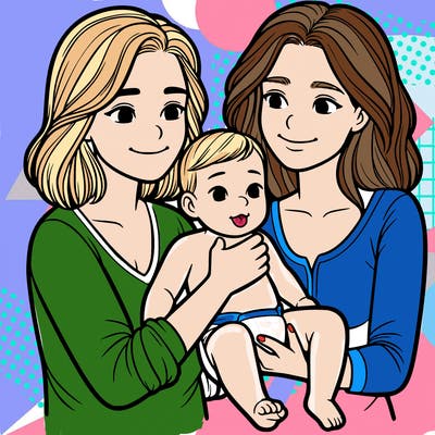 two realistic women holding one baby together