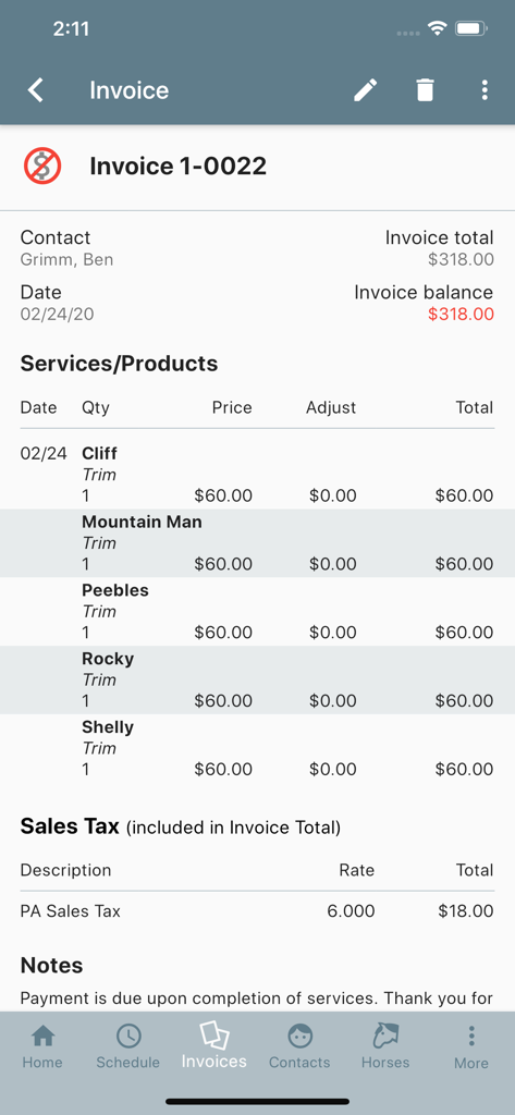 Best Farrier - Best Farrier mobile app showing an invoice with horse trimming services and sales tax details