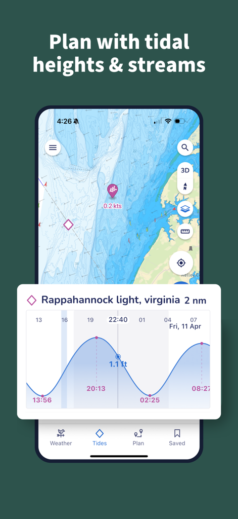 Savvy Navvy app screen showing a tidal height graph and marine charts for Virginia coastal navigation.