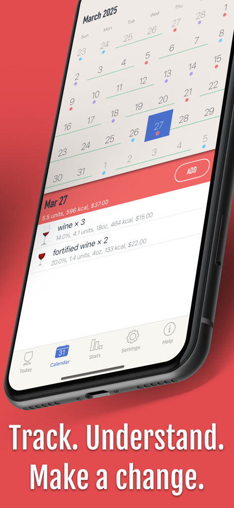 DrinkControl: Alcohol Tracker - DrinkControl calendar interface tracking alcohol units, calories, and expenses.