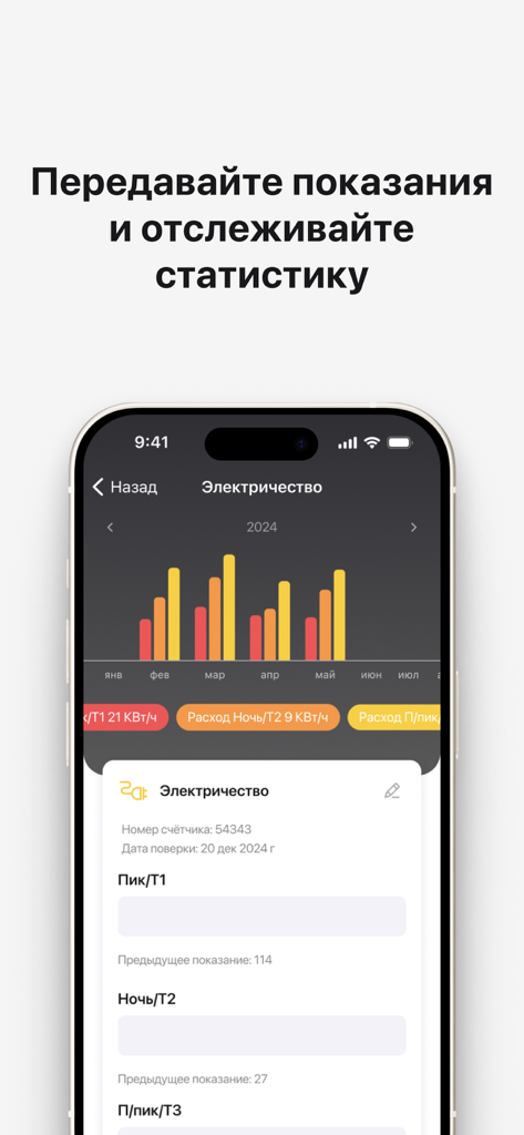Домиленд+ - A mobile app interface displaying electricity consumption charts and input fields for utility meter readings.