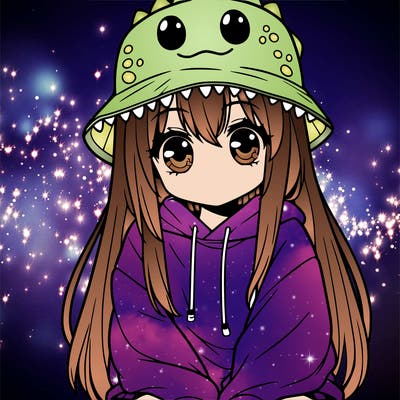 girl with anime shaped eyes with a dinosaur bucket hat oversized sweatshirt long straight hair