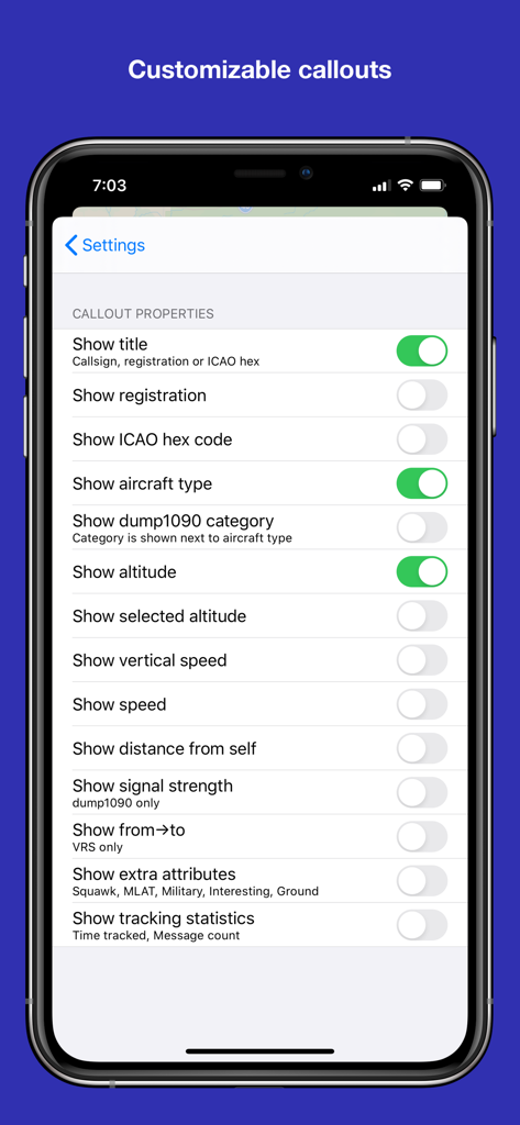 OpenADSB - OpenADSB aircraft callout customization settings interface