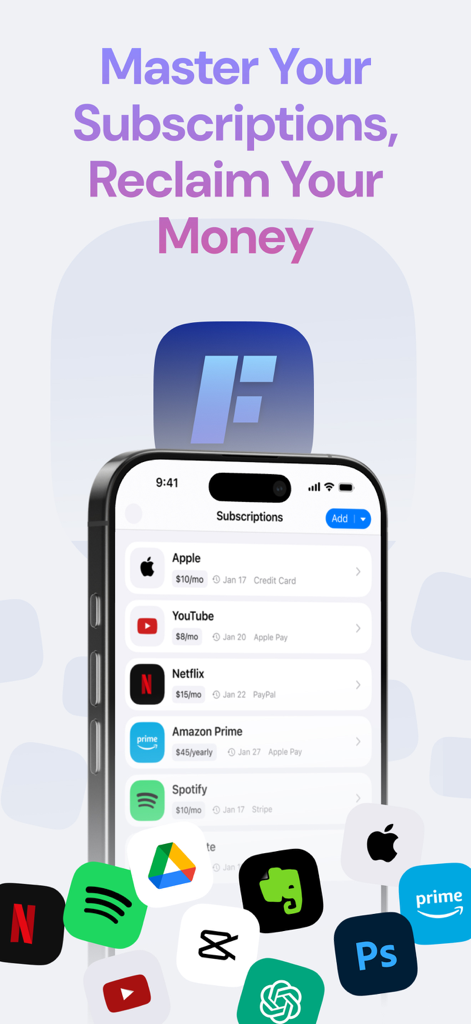 Feenko: Subscription Manager - Feenko app screen showing a list of monthly subscriptions on a smartphone