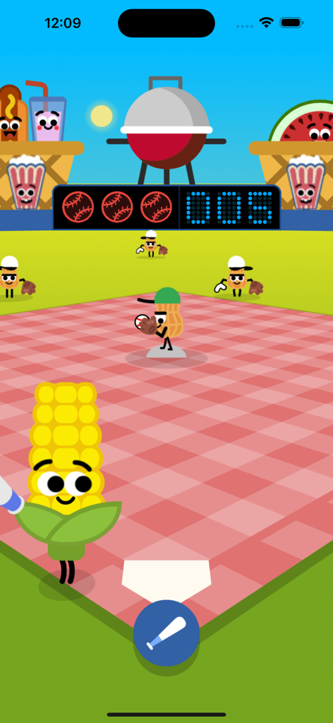 A doodle style corn character at bat in a picnic themed baseball game with a peanut pitcher.
