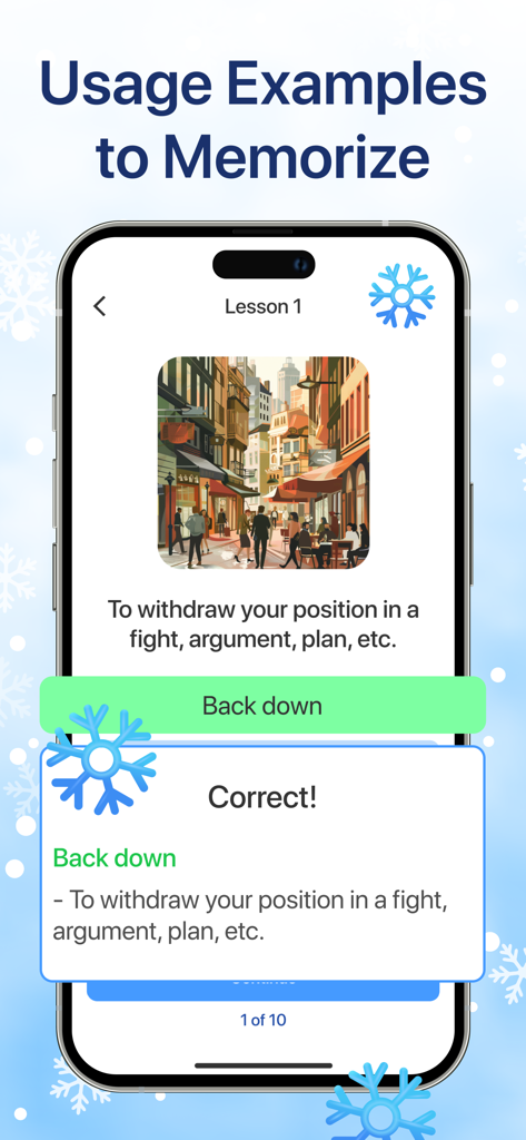 Phrasal Verb App: Learn + Play - Phrasal Verb App lesson screen showing a definition and correct answer for back down