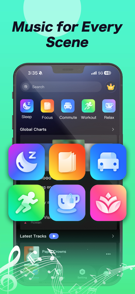 Melodista - Offline Music - Melodista app interface displaying music categories for sleep focus commute and workout scenes in dark mode