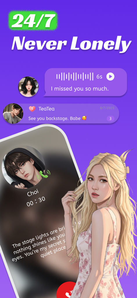 AI virtual idol chat app screen showing voice messages and simulated phone calls with characters