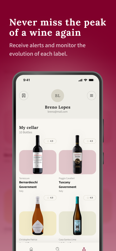 Digital wine cellar interface showing a personalized wine collection and ratings in the Vine app.