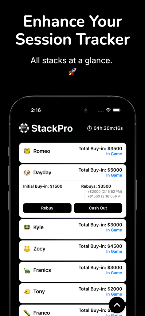 StackPro - StackPro app dashboard showing a list of poker players with their total buy-ins and a live session timer.