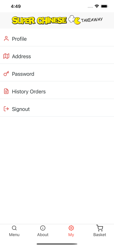 Super Chinese Takeaway - User profile and account settings screen of the Super Chinese Takeaway app featuring options for address, password, and order history.