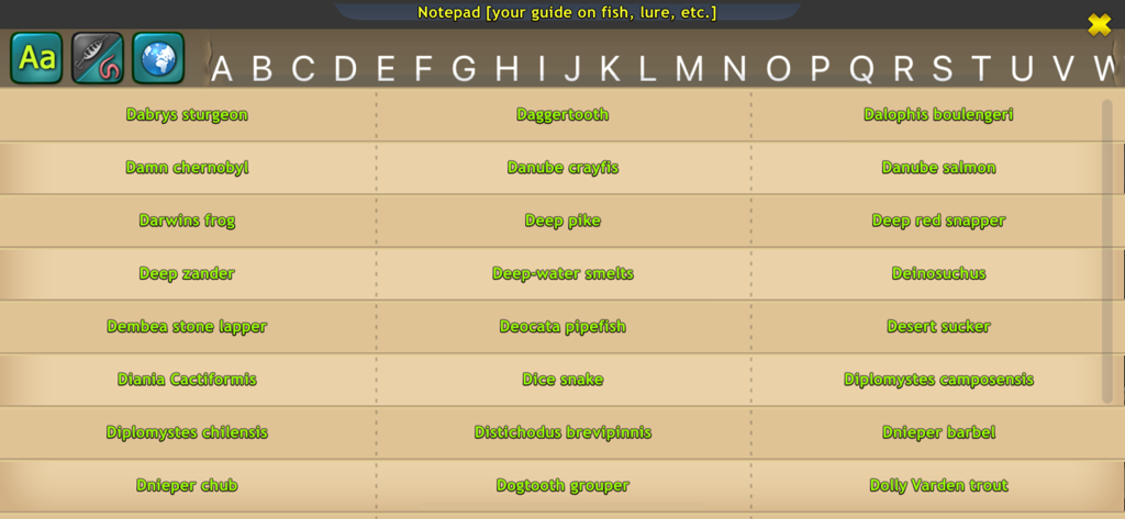 Fishing: World of Fishers - Alphabetical fish species encyclopedia and guide in the Fishing World of Fishers game notepad