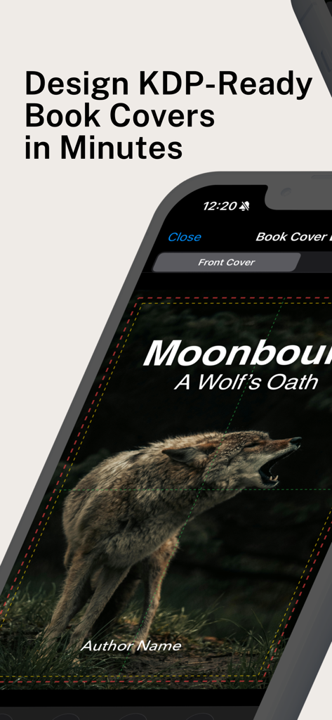 Book Cover Maker: BookFrame AI - Diseñando una portada de libro lista para KDP con una imagen de lobo y título en una interfaz de aplicación móvil